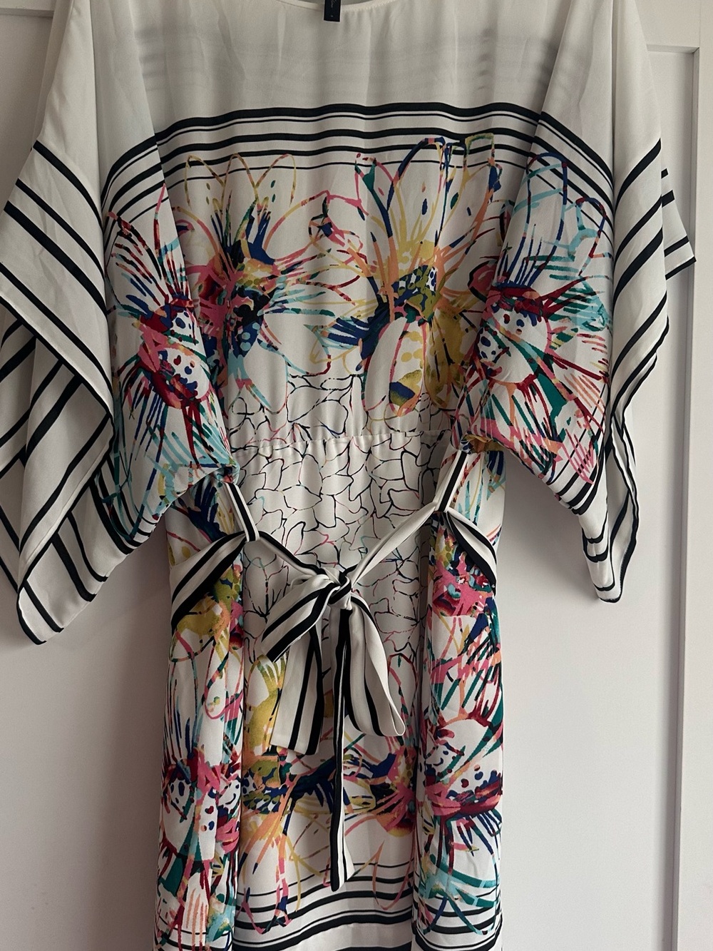 BCBGMaxAzria White Multicolor Floral-Stripe Midi Dress